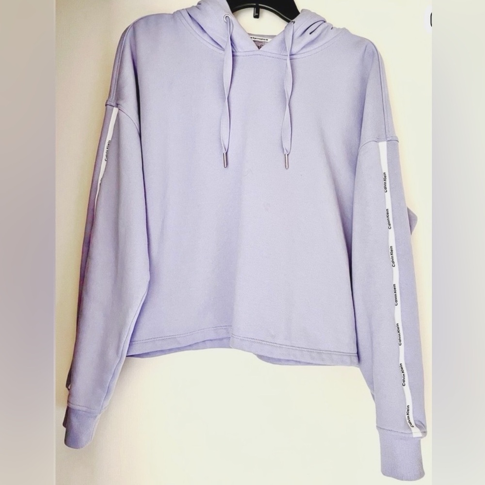 Calvin Klein Women’s Light Purple Pullover Hoodie Logo Sleeves Large